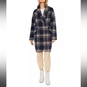 Sanctuary Wool Navy & Cream Double Breasted Plaid Coat Jacket Womens Size Large